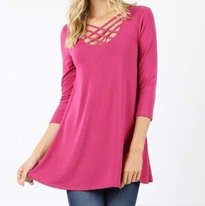 ZENANA Criss-Cross Neckline 3/4 Sleeve Pink Top Tunic Size Large NWT